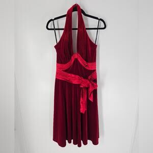 Tadashi Shoji Red Velvet V Neck Halter Midi Dress M